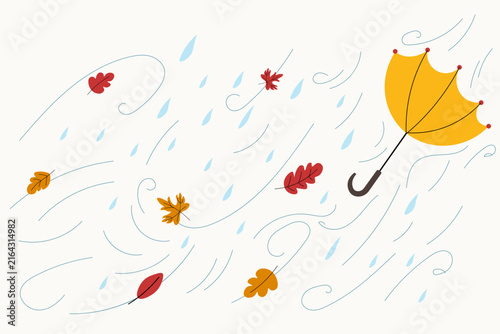 Bad autumn weather background illustration. Yellow umbrella blowing in strong wind and rain with fall leaves flying. Ideal for rainy day, bad weather and fall clip art.