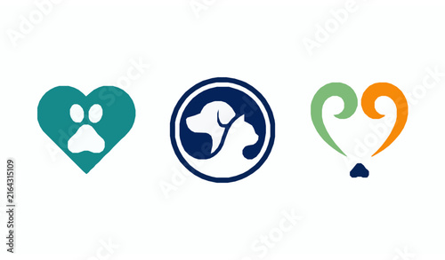 Modern Pet Care Dog Cat Paw Heart Branding Logo Vector Icon Set