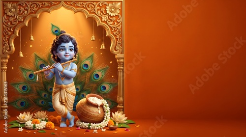 Little lord krishna playing flute for janmashtami festival celebration background