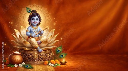 Little krishna sitting on lotus flower for krishna janmashtami celebration background