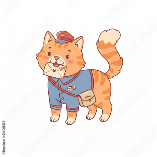Cute orange cat in blue outfit hand drawn illustration