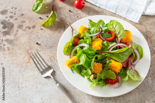 Fotografie Summer fresh vegetable salad with crispy breaded feta cheese on a textured stonesurface
