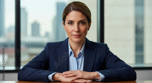 Beautiful woman suit hands on table serious office which is perfect for corporate success presentation and advertising