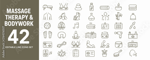 Massage therapy bodywork and spa wellness thin editable line icons collection