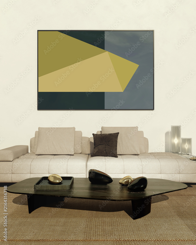 Fototapeta premium 3D render, illustration Fan Ventilation Large Luxury modern living room interior, brutalist architecture realistic lighting, Graphic Overlay wide angle, contemporary furniture, clean lines, minimal