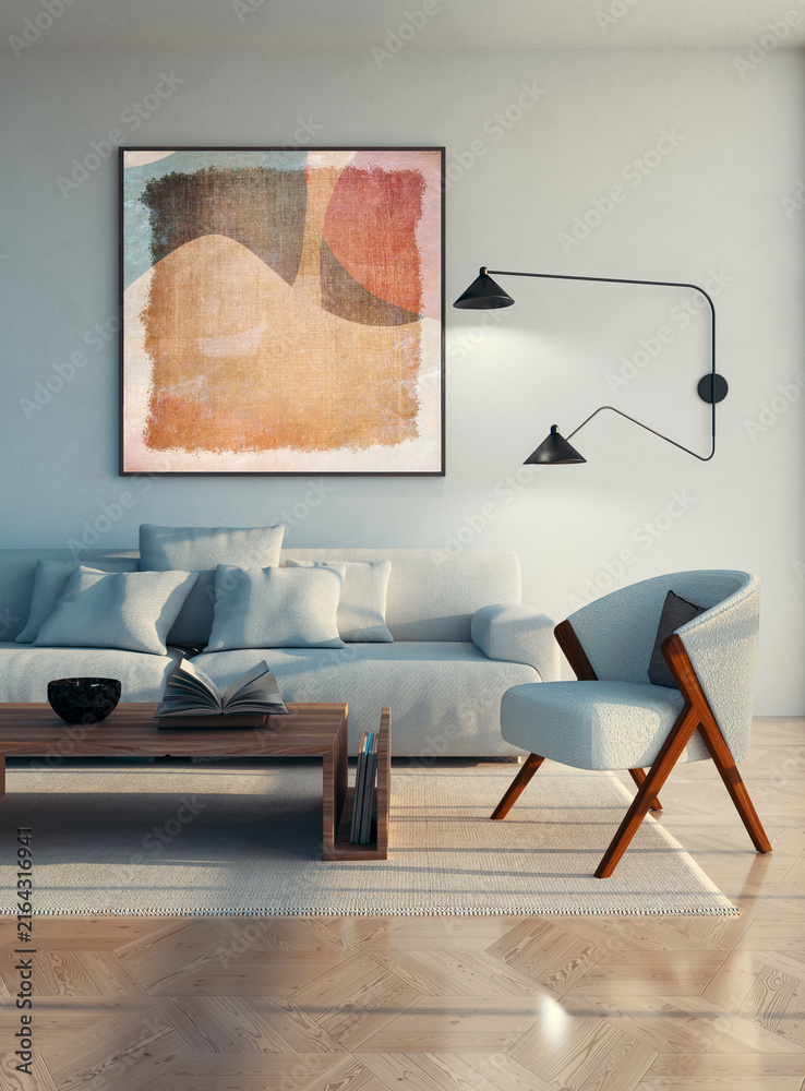 Fototapeta premium 3D render, illustration Fan Ventilation Large Luxury modern living room interior, brutalist architecture realistic lighting, Graphic Overlay wide angle, contemporary furniture, clean lines, minimal