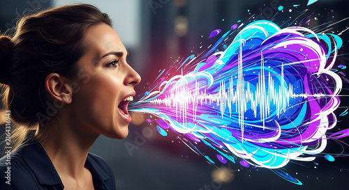 Beautiful woman shouting colorful energy wave mouth which is perfect for corporate success presentation and advertising