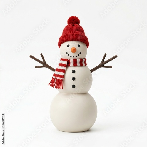 Cute snowman figurine wearing a red hat and striped scarf  