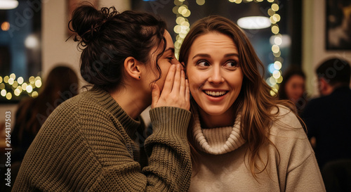 Beautiful women whispering secret to ear cafe which is perfect for corporate success presentation and advertising
