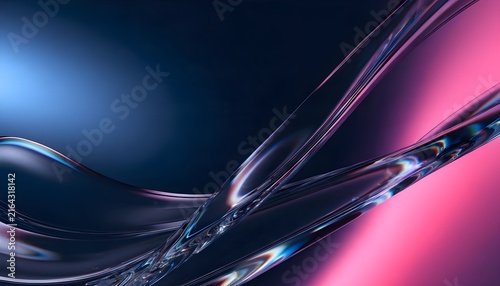 3D abstract clear liquid glass wave overlapping curved ribbons transparent splash refraction neon pink blue glowing light smooth dark background desktop wallpaper cover creative design generative ai