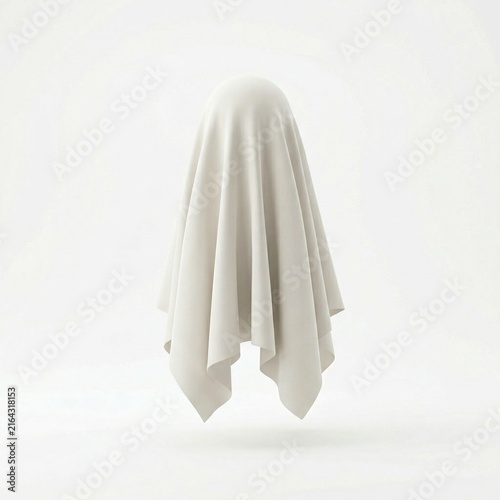 Ghost figure covered with a draped white sheet in a minimalistic space  