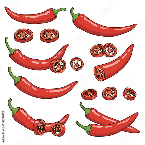 Set of Red Chili Peppers and Sliced Cross Sections