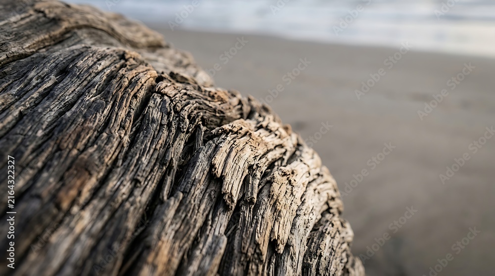 Fototapeta premium Weathered driftwood texture lying on a sandy beach coast