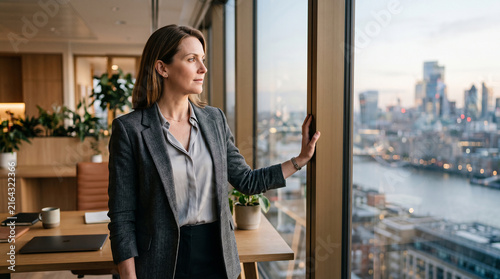 Businesswoman looking out of a high window at a city skyline, perfect for strategic growth, business leadership, and engaging commercial applications