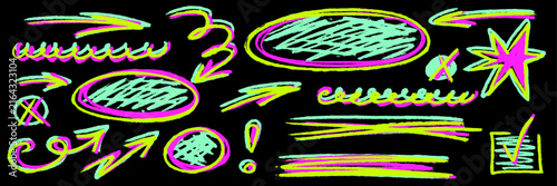 Neon arrow, crayon underline and scribble pack. Chalk texture brush doodle on black, glowing pencil ovals, bright arrow curls, crayon marks and bold underline.