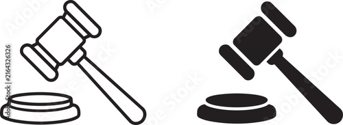 judge gavel with wooden sound block icon line and solid style vector illustration