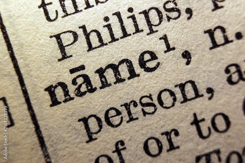 Принти на полотні Word name printed on dictionary page, macro close up