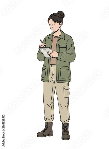 Vector illustration of a female explorer or field researcher writing on a notebook, isolated on a transparent background