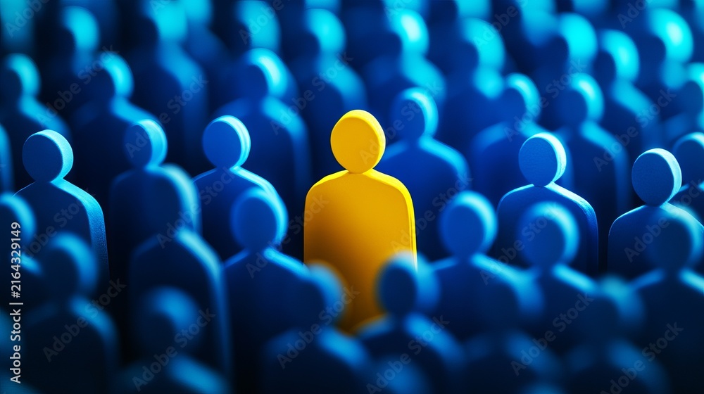 Fototapeta premium Single bright yellow figure standing out from a large crowd of identical blue human silhouettes creates a strong visual contrast