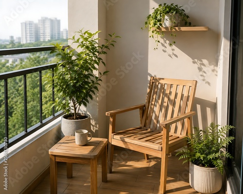 Balcony with wooden chair table and potted plants
