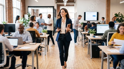 Beautiful woman woman walking confident open office which is perfect for corporate success presentation and highly effective marketing campaigns