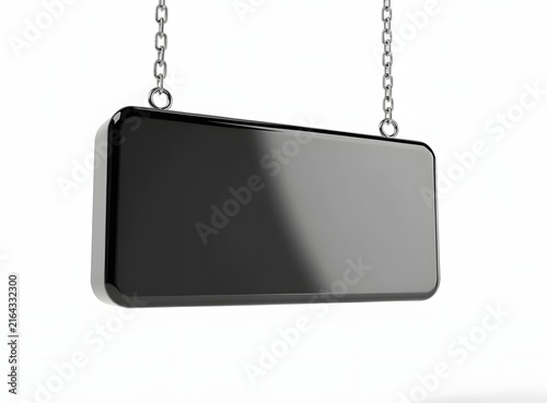 Perspective view of blank black sign hanging on chains. Commercial signage and retail mock concept. Empty signboard isolated on white background