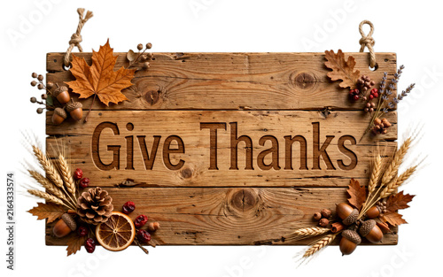 Give Thanks Wooden Sign With Autumn Decorations Isolated on Transparent Background