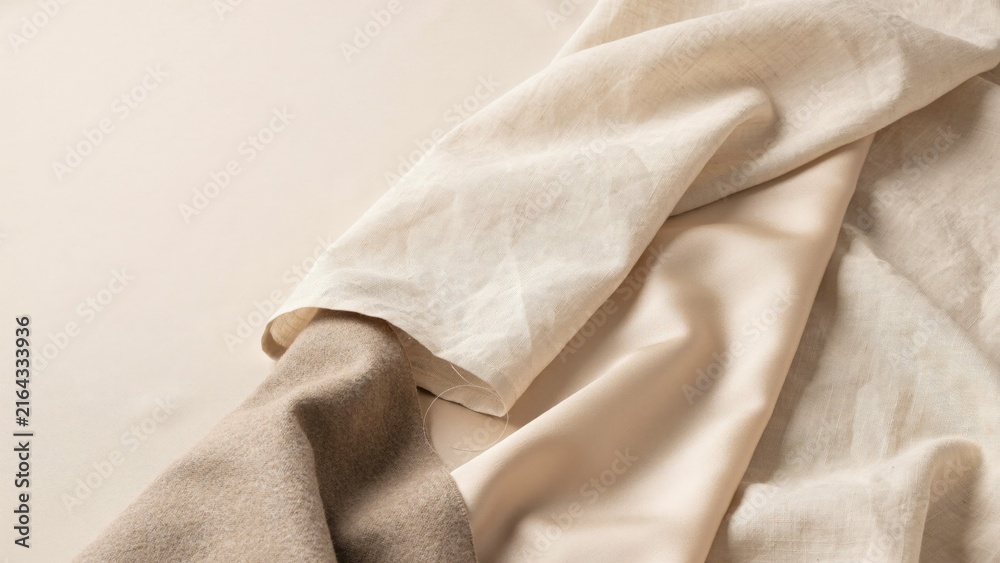 Fototapeta premium Fabric Texture Close-Up, Beige Linen Cloth with Folds and Wrinkles. Textile Background, Natural Material, Soft Drape.