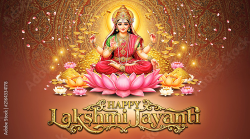Celebration of Lakshmi Ji with a Divine Goddess Sitting on a Lotus Flower for Lakshmi Jayanti Festival