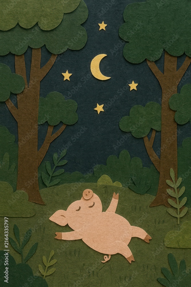 Naklejka premium A paper-cut illustration of a pig lying under a starry night sky in a forest.