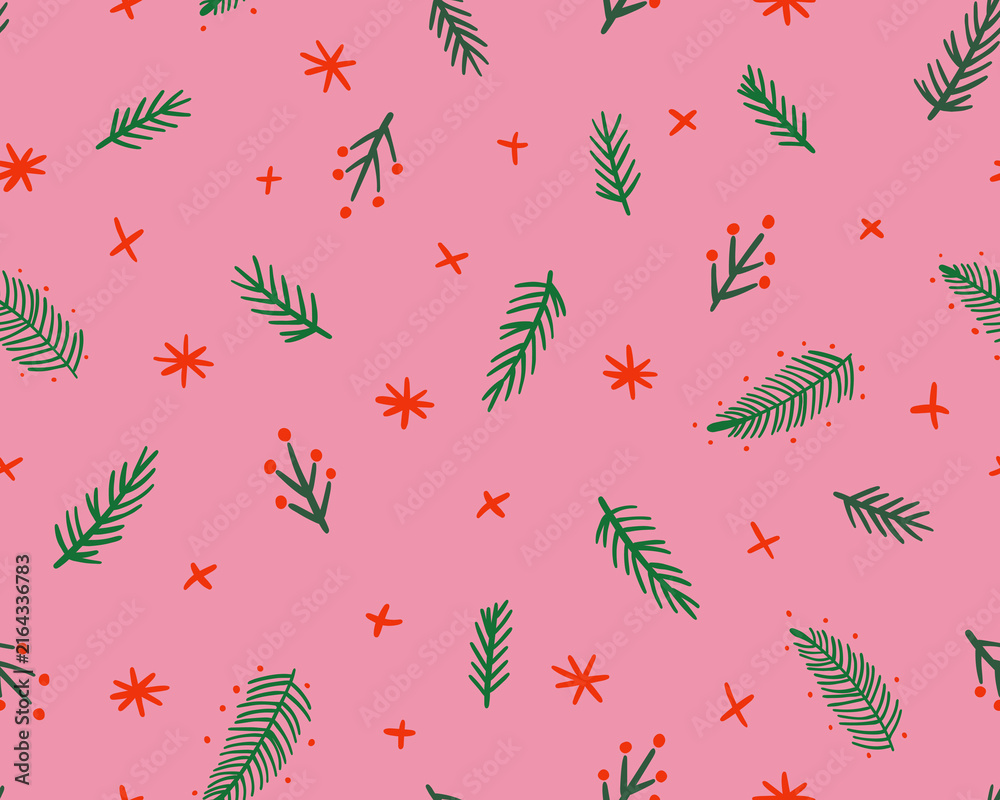 Fototapeta premium Seamless Christmas Pattern with Green Pine Branches and Red Stars on Pink Background