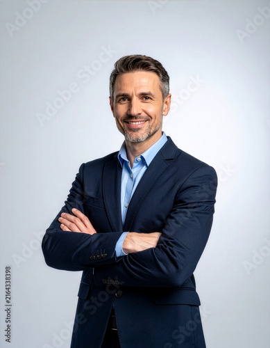 Confident Professional Businessman in Navy Suit and Blue Shirt Standing with Arms Crossed, Smiling Corporate Executive Portrait for Business Leadership and Success