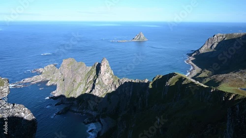 Aerial View from Måtind Summit Showing Dramatic Rocky Peaks and Coastal Cliffs on Andøya Norway