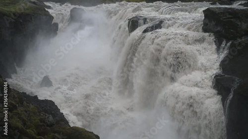 Dramatic Icelandic Waterfall Crashing Over Dark Volcanic Basalt Rocks at Lambhagafoss Falls