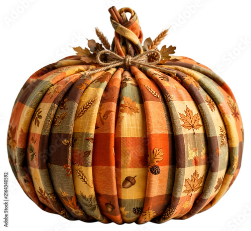 Plaid Fabric Pumpkin Decoration Isolated on Transparent Background