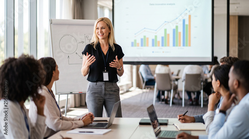 Beautiful woman woman presenting chart meeting colleagues which is perfect for corporate success presentation and highly effective marketing campaigns