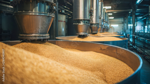 Industrial grain storage facility with large silos filled with golden grains. The environment is clean and organized, showcasing agricultural production.