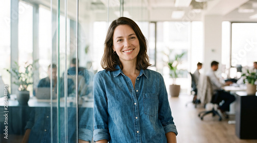 Beautiful woman woman standing confident modern workplace which is perfect for corporate success presentation and highly effective marketing campaigns