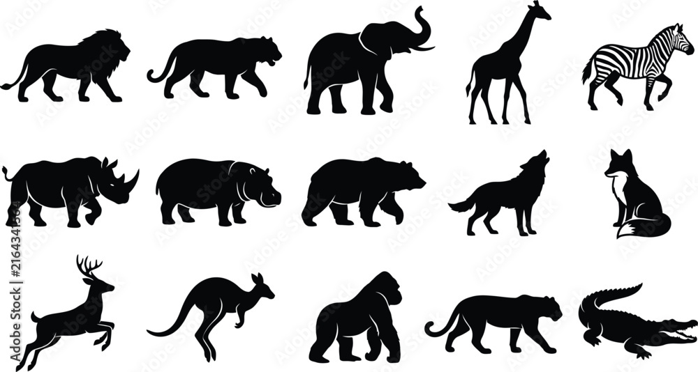 Obraz premium Set of black silhouettes of various wild animals including lion, elephant, giraffe, zebra, and bear on a white background