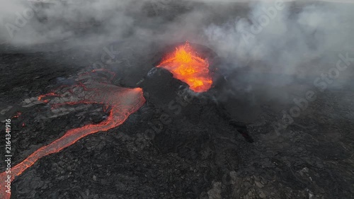 Close-Up Aerial Drone Shot of Active Volcanic Eruption Vent with Glowing Lava at Fagradalsfjall Iceland