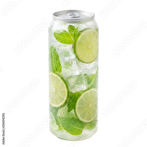 Tall clear plastic drink can, covered in condensation droplets, containing Lime Mojito (green drink with lime slices and mint leaves) and ice cubes, isolated on white background