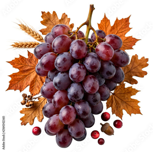 Purple Grapes With Maple Leaves Isolated on Transparent Background