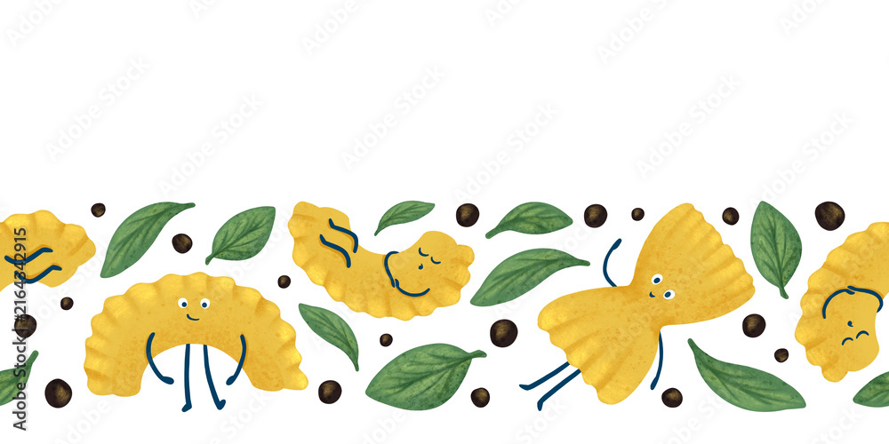 Obraz premium Seamless border featuring Italian pasta and basil leaves. A hand drawn watercolor cartoon illustration for menus and kitchen textiles.