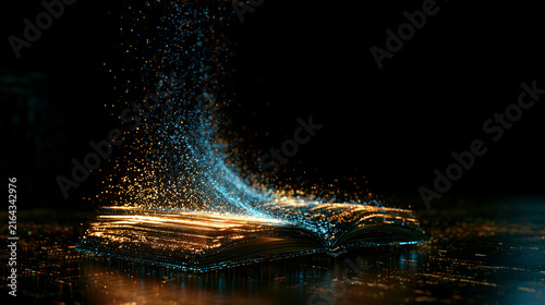 Cinematic shot of a glowing magic book with floating light particles