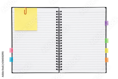 Cuadro en lienzo Open Spiral Lined Notebook with Yellow Sticky Note and Multi Colored Index Tabs