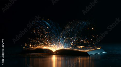 Cinematic shot of a glowing magic book with floating light particles