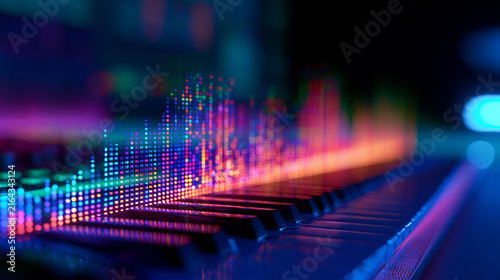 Macro shot of a piano keyboard with glowing colorful sound waves