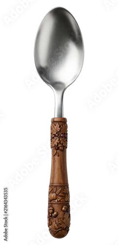 Serving Spoon With Carved Wooden Handle Isolated on Transparent Background