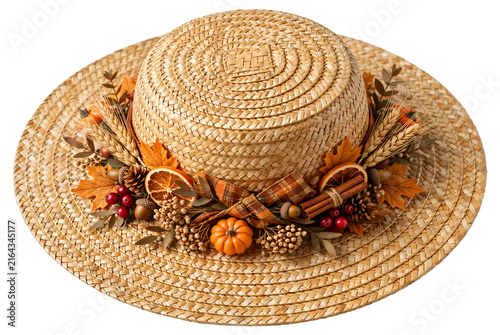 Straw Harvest Hat With Autumn Decorations Isolated on Transparent Background