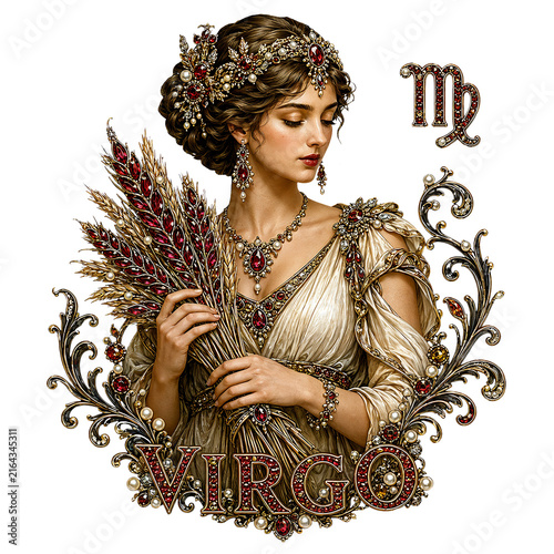 Ornate jewel-encrusted Virgo zodiac sign, beautiful goddess with golden wheat.